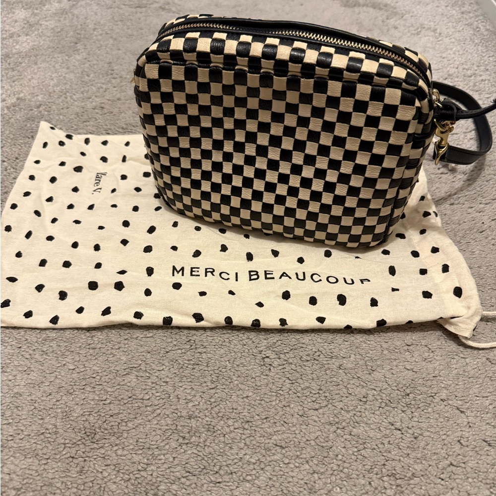 Clare V. MIDI SAC black and cream woven checker bag